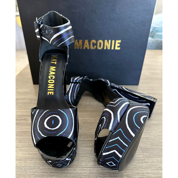 Kat Maconie Angel/Black Printed Satin Chunky High Heel Shoes like new size US 9 - Picture 11 of 16